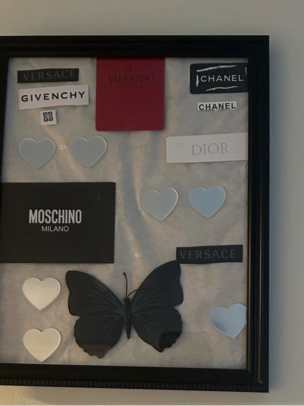 Moschino Black Butterfly Framed Wall Accent with Neutral Hearts